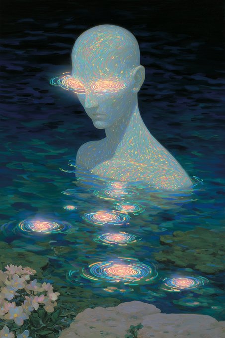 A surreal digital painting of a glowing, translucent figure emerging from dark water, with colorful spiral patterns on their face and in the ripples below.