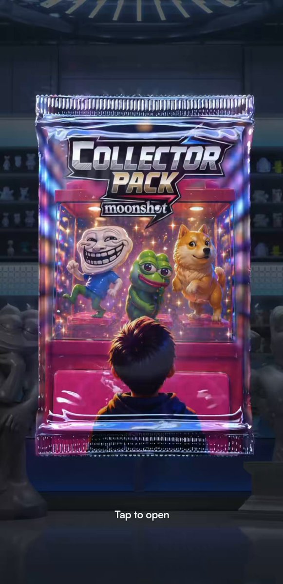 The image features a poster for a collector's pack game, which includes a cartoon character of a boy looking at a toy robot inside a glass box with a price tag that reads "tip to open". The poster also contains text that says "this is so fun tbh now i just have to hold $GIGA TO $1".
