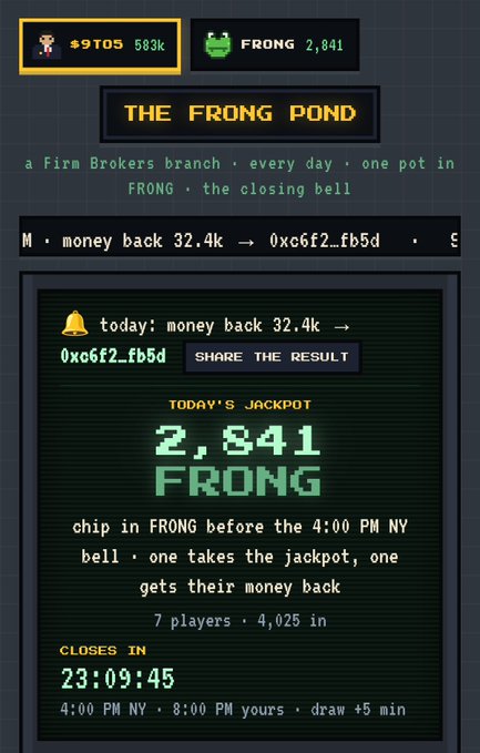 The image shows a webpage for "THE FRONG POND," a meme stock game run by Firm Brokers, featuring a ticker for $9TO5 (priced at 583k) and FRONG (2,841), with today's jackpot of 2,841 FRONG for participants who chip in before the 4:00 PM NY bell. The game allows players to win the jackpot or get their money back, with 7 players currently participating and 4,025 in chips—tying into the post's observation about the $FRONG developer's connections to the Uniswap team and the legitimacy of the Firm Brokers platform.