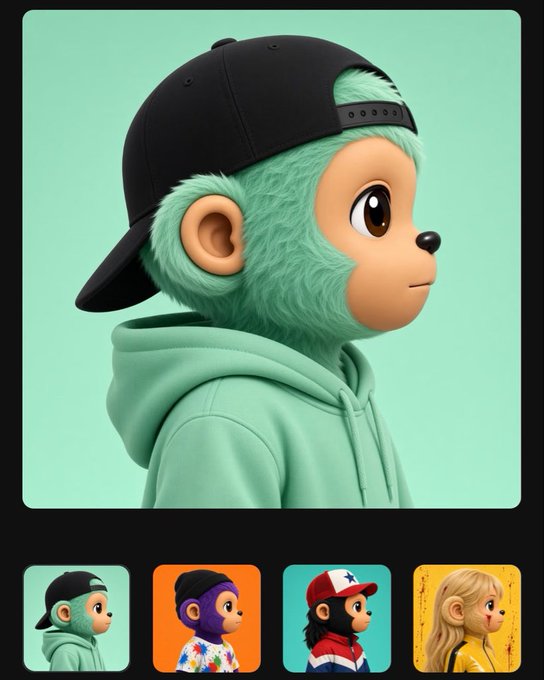 A 3D-rendered character wearing a green hoodie and black backwards cap, shown in profile with smaller variations of the character displayed below.