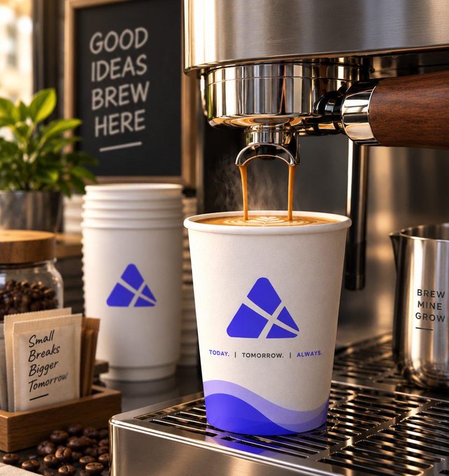 A steaming espresso pours into a branded PX Network cup beneath the motto "Good Ideas Brew Here," with stacked cups, scattered coffee beans, and a chalkboard sign reading "Small Breaks, Bigger Tomorrow" reinforcing the morning routine theme.

The image visually echoes the post's message of starting the day productively—much like brewing coffee fuels a miner's day, PX Network fuels consistent daily growth with the tagline "Today. Tomorrow. Always."