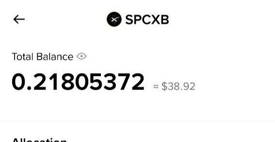 The image shows a screenshot of an app called SPCEXB, which is used for trading cryptocurrencies like Bitcoin. The app displays information about the total balance of the wallet, including the current value of the cryptocurrency held at $38+ not a bad allocation! Excited to see how tokenized equities continue to grow on Binance Wallet Who else participated? How much SPCXB did you receive?".
