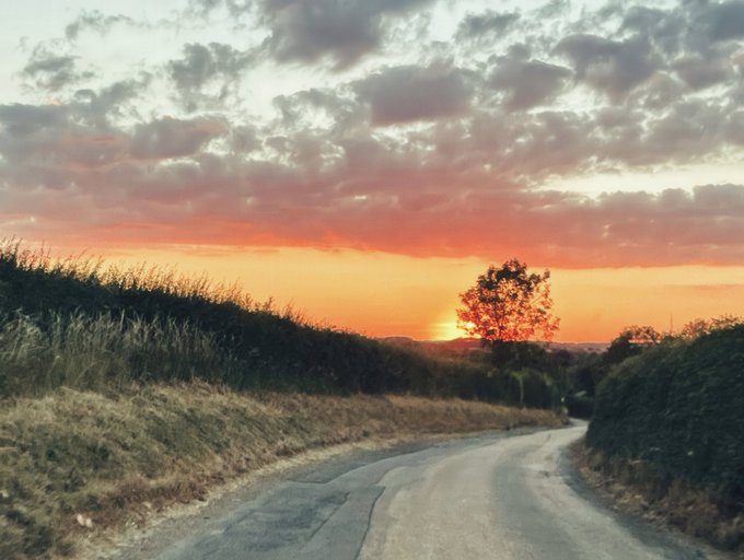 A scenic sunset view over a rural landscape, with warm orange and pink hues illuminating scattered clouds above a winding paved road lined with grassy hills.