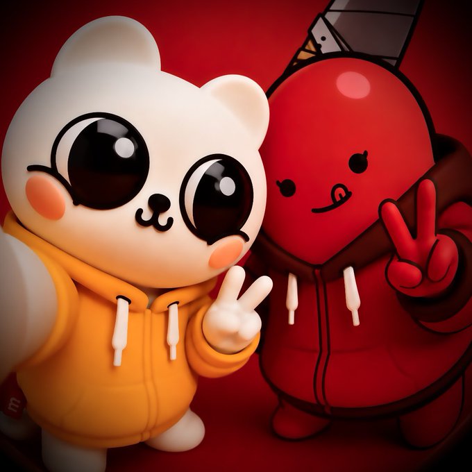 The image features two cartoon-style figurines, one white with big eyes and a black nose wearing an orange hoodie and holding a camera, and another red figure wearing a red jacket and making peace signs. The caption "just love and collected #AZUKI #Beanz" is present in the image.