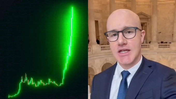 A man wearing glasses, a dark suit, and blue tie speaks in what appears to be a government building interior, alongside a stock chart showing a sharp vertical price surge, illustrating the post's claim that the CLARITY Act could trigger over $30 trillion in capital flowing into the crypto market.