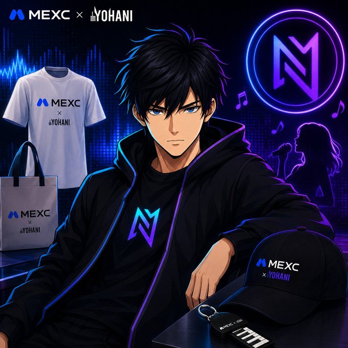 Anime-style promotional artwork for a 'MEXC x YOHANI' collaboration, depicting a dark-haired male character in branded merchandise including a t-shirt, hoodie, tote bag, and cap.