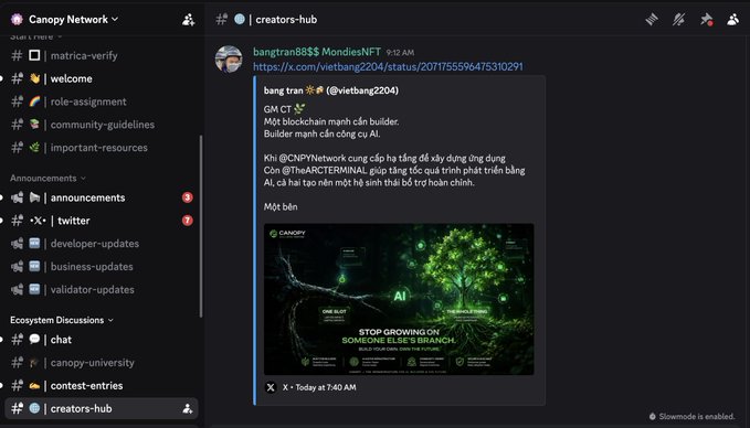A Discord chat in the Canopy Network creators-hub channel where user bangtran855 shares a tweet from @vietbang2204 discussing CNPY Network builder contributions and an image captioned 'STOP GROWING ON SOMEONE ELSE'S BRANCH.'