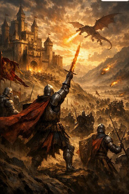 A knight in gleaming armor raises a flaming sword toward a fire-breathing dragon above a medieval castle, while armored warriors charge into battle across a fiery battlefield. The epic fantasy scene visually reinforces the post's themes of grand adventure and anticipation, symbolizing the powerful and dramatic launch being prepared for the Shard Legends ($SLCW) token.