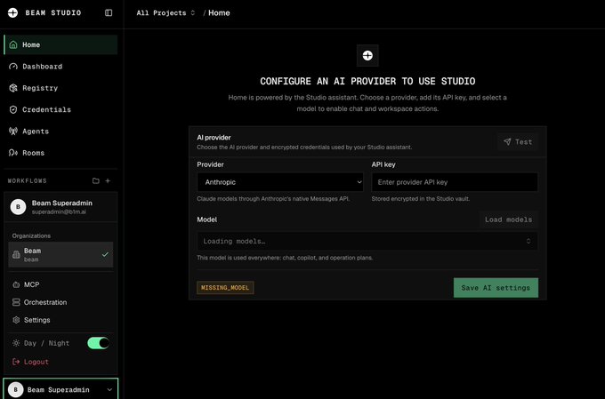 The image shows the Beam Studio configuration interface where users can set up an AI provider, currently displaying "Anthropic" as the selected provider with options to enter an API key and load models. This aligns with the post's message about bringing your own AI provider to Beam Studio, though the screenshot shows Anthropic selected rather than OpenRouter or other providers mentioned.