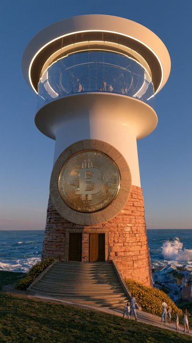 A digitally rendered lighthouse featuring a Bitcoin logo embedded in its stone base, topped with a modern glass observation deck overlooking the ocean.
