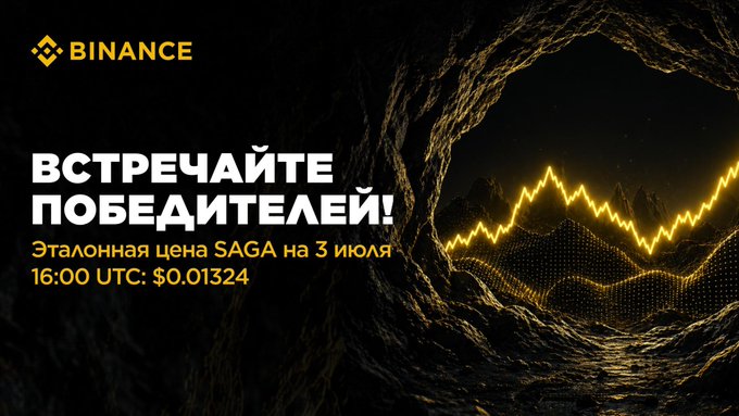 Binance promotional banner announcing SAGA token winners, displaying the reference price of $0.01324 as of July 3, 16:00 UTC, with glowing yellow chart lines visualizing the price against a dark cave-like background.