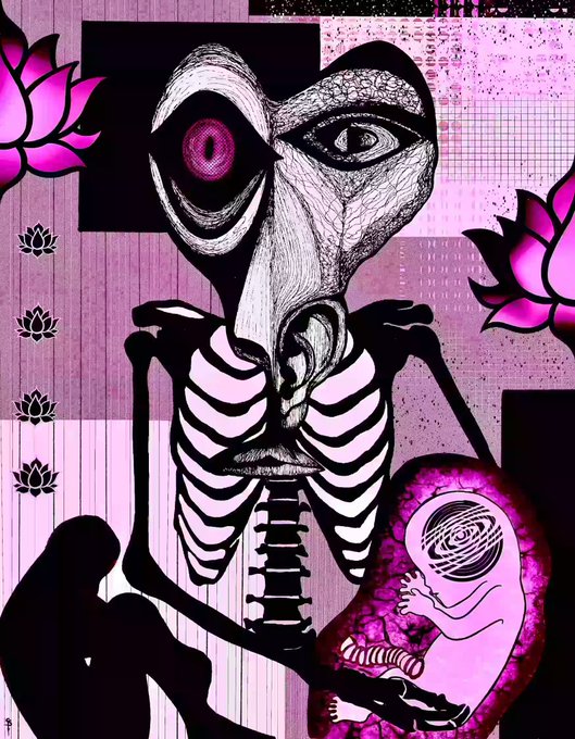 A surreal mixed-media artwork in pink and black tones features a skeletal figure with a large distorted face and pink eyes, alongside lotus flowers and a fetus-like figure.