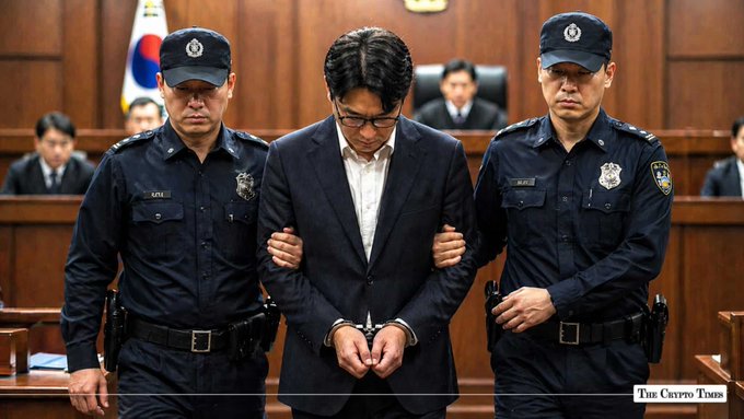 A man in handcuffs, identified as Delio CEO Jeong Sang-ho, is escorted by two police officers in a South Korean courtroom. The image, sourced from The Crypto Times, illustrates the legal proceedings resulting in his 15-year prison sentence for embezzlement and fraud.