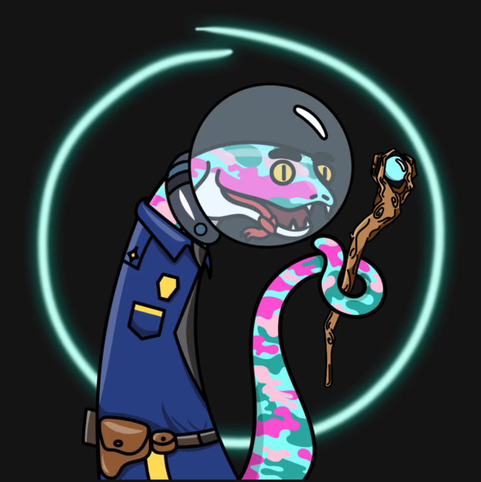 A digital illustration of a snake wearing a space helmet and a blue uniform, holding a staff with a blue orb, with a pink and teal patterned body, set against a dark background with a glowing cyan circular halo.