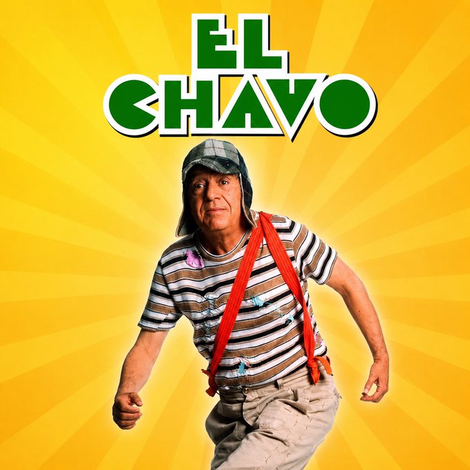 A promotional image featuring a man in a striped shirt and cap with red suspenders, running against a yellow sunburst background with the green text 'EL CHAVO' above him.
