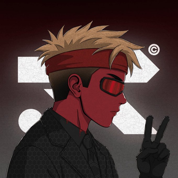 A stylized illustrated character with spiky blonde hair, a red headband, red sunglasses, and a black suit makes a peace sign against a dark background featuring a large "R" logo and a copyright symbol, fitting the "Project R3D" branding of the giveaway announcement.