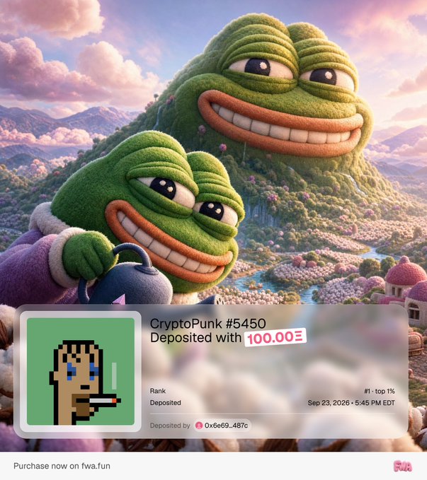 A promotional image showing a stylized green Pepe-like character in a fantasy landscape, advertising 'CryptoPunk #5450' deposited with $100 on fwa.fun, dated Sep 23, 2026.