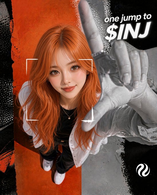 A promotional graphic featuring a woman with red hair making a peace sign, with text 'one jump to $INJ' and the Injective logo in the corner.