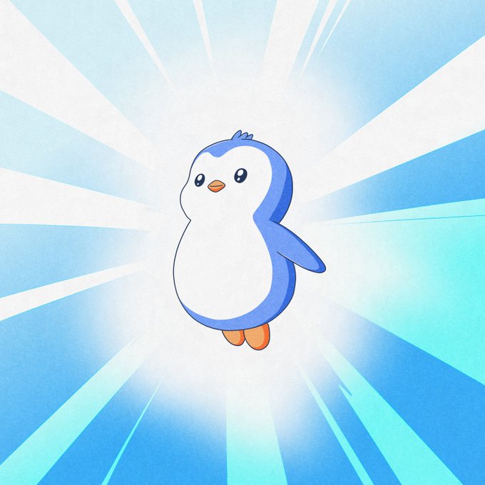 The image features a cartoon penguin standing upright with its wings spread out against a blue background that appears to be radiating light from the center of the picture. The penguin's position and the bright colors create an eye-catching scene, which is likely related to the post about Pudgy Penguins being shared across various platforms like social media, games, and other digital content.