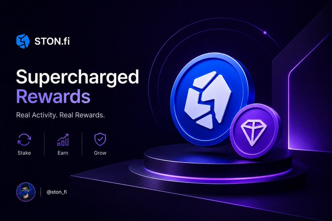 A promotional banner for STON.fi features the tagline "Supercharged Rewards – Real Activity. Real Rewards." alongside icons representing Stake, Earn, and Grow, visually emphasizing the platform's reward system highlighted in the accompanying testimonial post.