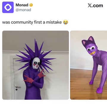 The image shows a tweet from Monad (@monad) on X.com with the text "was community first a mistake 😭" above two photos of people in purple costumes: one wearing a spiky purple and white jester-like mask and outfit, and another in a purple cat onesie with a cartoonish face mask. The purple branding and emo/melancholic tone visually reinforce the accompanying post's playful declaration that Monad is "the most emo blockchain that has ever or will ever exist," with the costumes mirroring the "Emonad" wordplay.