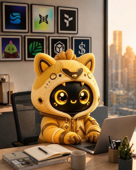 A cute plush toy character with glowing yellow eyes wearing a yellow hooded outfit, working at a laptop on a desk, with framed cryptocurrency logos displayed on the wall behind it and a city skyline visible through the window.