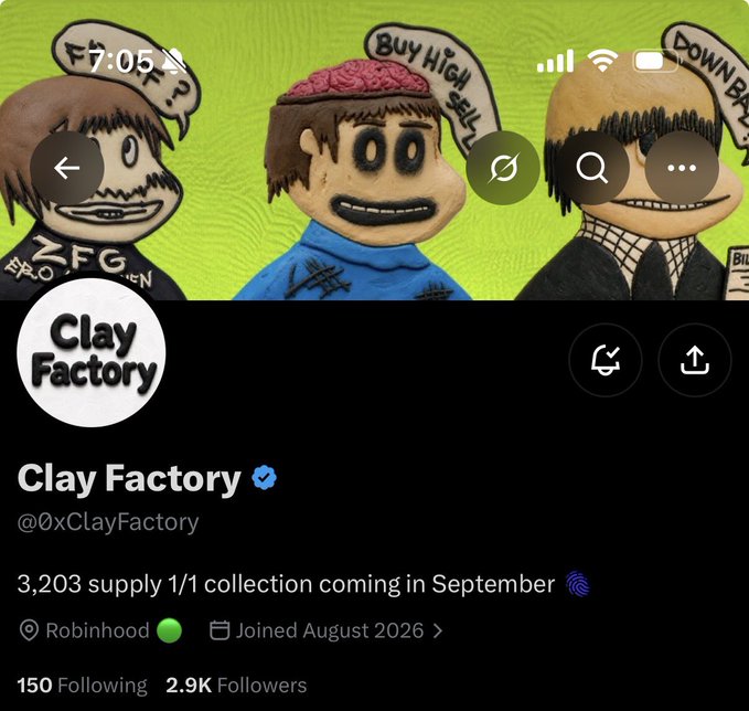 A screenshot displays the X (Twitter) profile of 'Clay Factory' (@0xClayFactory), featuring three cartoonish clay figures as the banner image and noting a 1/1 collection release in September.