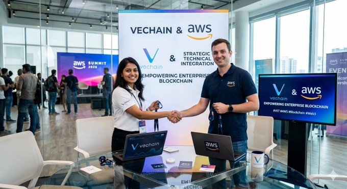 Two representatives from VeChain and AWS shake hands at the AWS Summit 2023, standing before a banner that reads "VECHAIN & AWS: STRATEGIC TECHNICAL INTEGRATION – EMPOWERING ENTERPRISE BLOCKCHAIN," illustrating the newly announced partnership highlighted in the post.