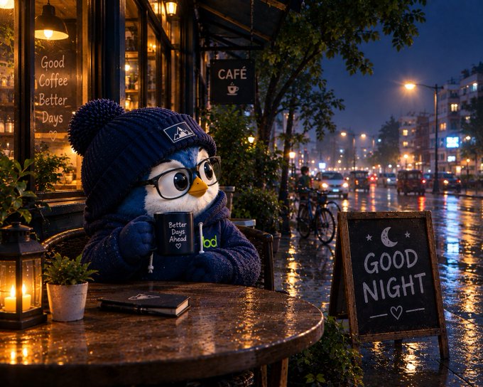 AI-generated whimsical scene of a blue penguin character wearing a beanie and glasses sitting at a rainy café table holding a book titled 'Better Days Ahead,' with signs reading 'Good Coffee Better Days' and 'GOOD NIGHT.'