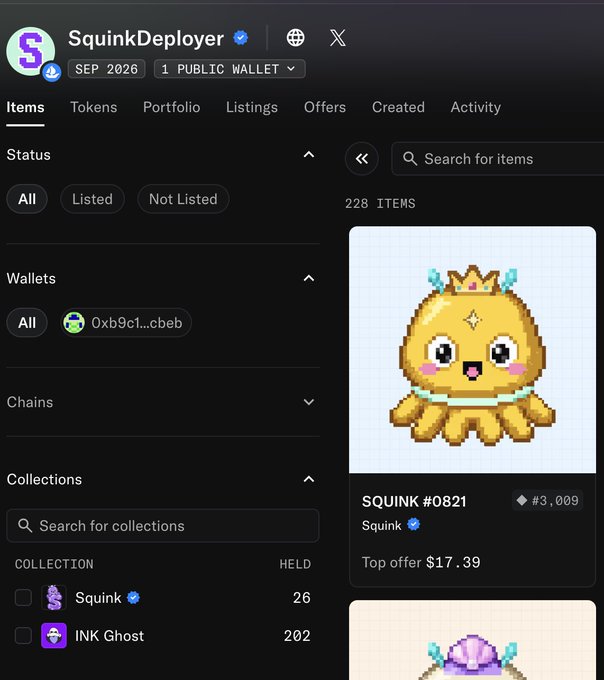 A screenshot of a wallet called "SquinkDeployer" showing an NFT collection page with 228 items, featuring a pixel art octopus character called "SQUINK #0821" with a top offer of $17.39, from collections including Squink (26 held) and INK Ghost (202 held).
