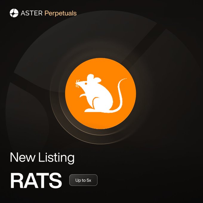 The image is a promotional graphic from ASTER Perpetuals announcing a "New Listing" of the **$1000RATS** token, featuring an orange circle with a white rat illustration and a badge indicating "Up to 5x" leverage, which directly corresponds to the post's announcement of the new perpetual contract listing.
