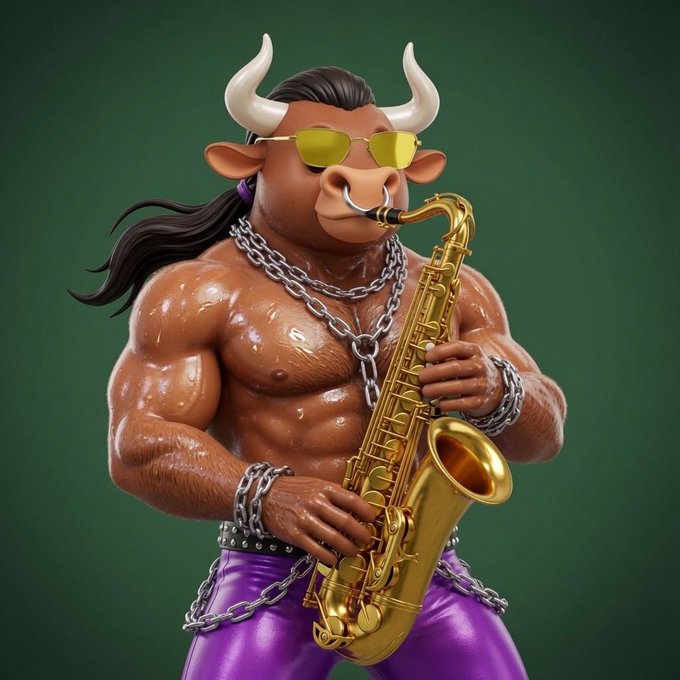 A 3D-rendered illustration of a muscular anthropomorphic bull wearing yellow sunglasses, silver chains, and purple pants while playing a golden saxophone against a green background.