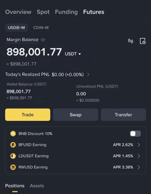 A cryptocurrency trading dashboard displaying a Futures account with an USDⓈ-M margin balance of 898,001.77 USDT, alongside earning options like BFUSD (2.62% APR), LDUSDT (1.45% APR), and RWUSD (3.36% APR). The substantial account balance appears to support the social media post's claim of sending $1,000 to a user, showcasing the platform's profitability as promotional proof.