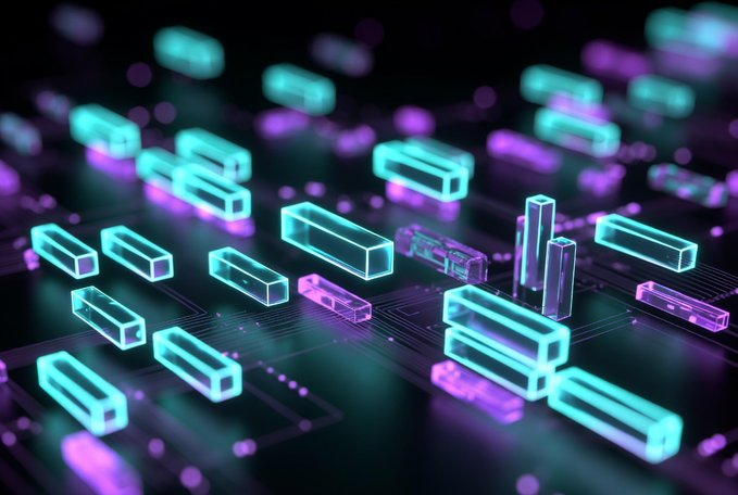 A futuristic abstract 3D digital artwork featuring glowing cyan and purple rectangular crystal-like bars arranged on a dark circuit board surface with bokeh lighting effects.