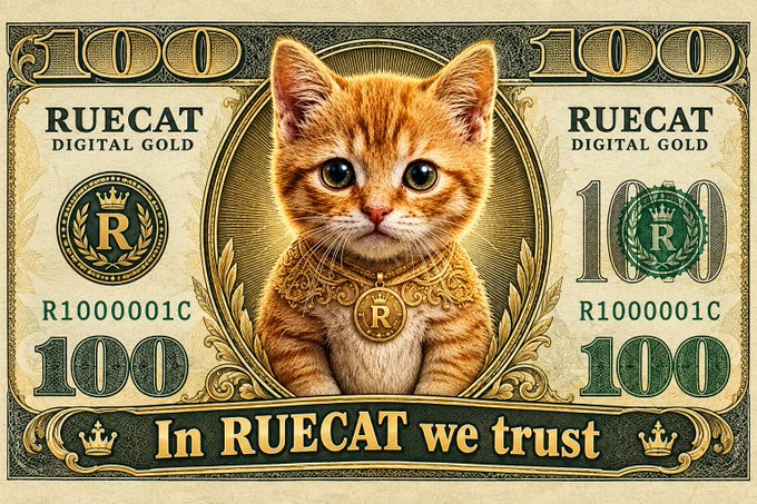 A stylized digital banknote features an orange kitten in the center with the text 'RUECAT DIGITAL GOLD', '100', 'R1000001C', and 'In RUECAT we trust'.