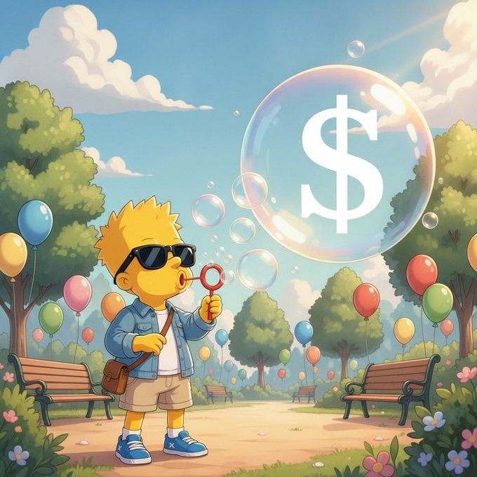 A cartoon illustration of a yellow-skinned boy with spiky blonde hair and sunglasses blowing bubbles in a park, with the largest bubble displaying a white dollar sign ($).