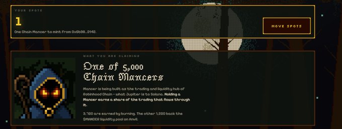 A screenshot of a Chain Mancers NFT mint page on the Robinhood Chain shows spot #1 in the queue, a haunting hooded figure with glowing orange eyes, and details confirming 3,120 of 5,000 tokens have been claimed at mint with 1,880 returned to the liquidity pool, matching the tweet's announcement of the free mint event.