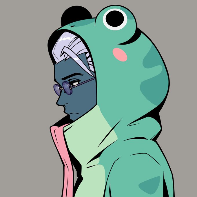 Illustration of a character in profile wearing a teal frog hoodie, purple sunglasses, with white hair in a bun, set against a gray background.