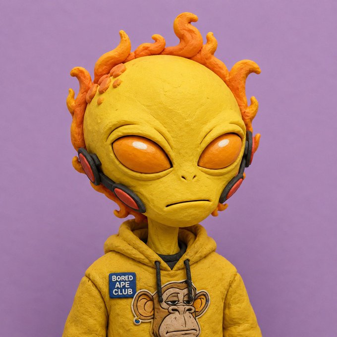 Claymation-style Bored Ape Yacht Club figure with yellow skin, orange flame-like hair, and a 'BORED APE CLUB' patch on its yellow hoodie.