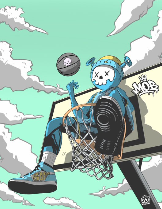 An illustration of a blue skeleton character wearing a beanie and blue shoes, sitting on a basketball hoop with a basketball mid-air, with 'MOB' graffiti on the backboard.