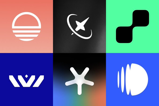 A grid of six colorful squares displays various minimalist logos and icons.