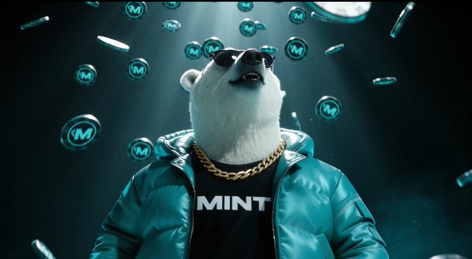 A stylized promotional image featuring a polar bear wearing sunglasses, a gold chain, and a teal puffer jacket over a shirt labeled "MINT," surrounded by floating coins with the "M" symbol in a dramatic, dark setting.