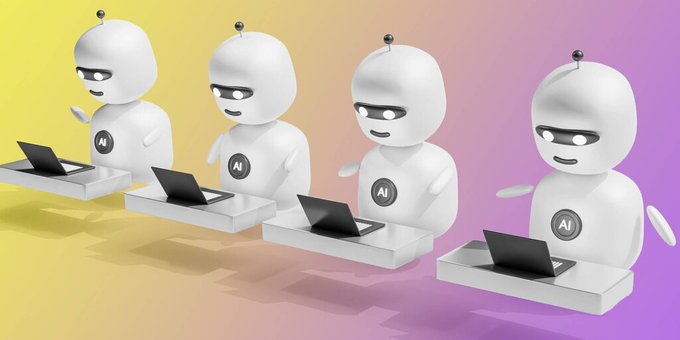 A 3D render showing four identical white cartoonish robots, each labeled "AI" on its chest, working on black laptops at desks against a gradient yellow-to-purple background.