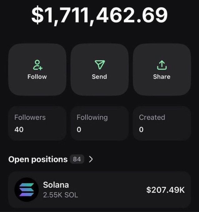 A crypto wallet profile displays a portfolio value of $1,711,462.69 with 40 followers, 84 open positions, and a notable Solana holding of 2.55K SOL valued at $207.49K, lending credibility to the giveaway post that asks followers to drop their SOL addresses for a chance to win.