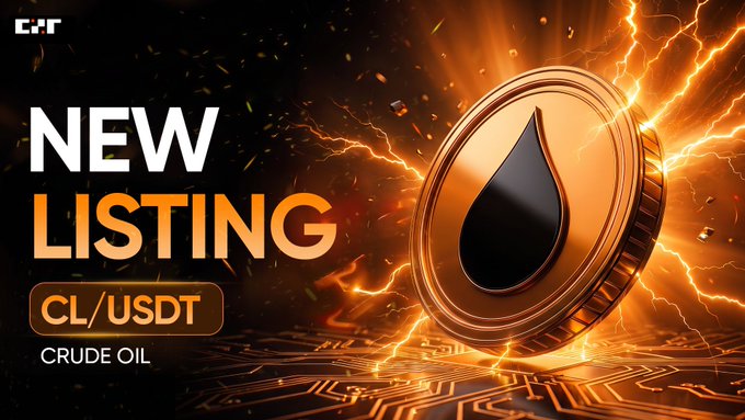 A promotional graphic with bold text reads 'NEW LISTING CL/USDT CRUDE OIL' alongside a bronze coin featuring a black oil droplet, set against a fiery orange and dark background.