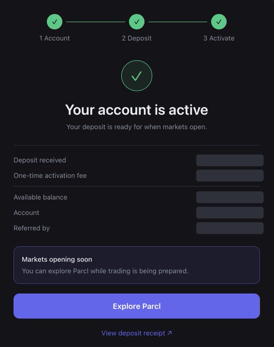 A screenshot of a "Your account is active" confirmation page for V4 mainnet onboarding, showing three completed steps (1 Account, 2 Deposit, 3 Activate) with green checkmarks, along with details including deposit received, one-time activation fee, available balance, account, and "Referred by" fields, plus a "Markets opening soon" notice and an "Explore Parcl" button.