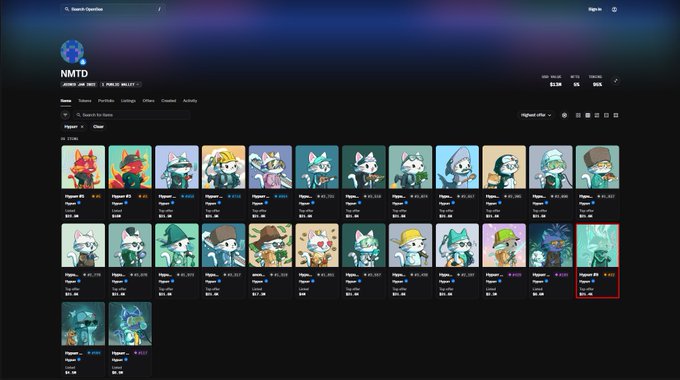 An NFT marketplace interface displays a collection called NMTD featuring various anime-style character avatars.