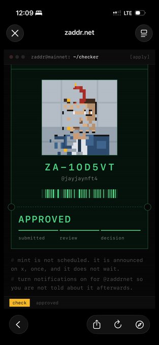 A mobile screenshot of the zaddr.net website displaying an approval confirmation for the z-address "ZA-1OD5VT" (@jayjaynft4), which aligns with the post celebrating the user's successful approval for the zaddrnet platform.