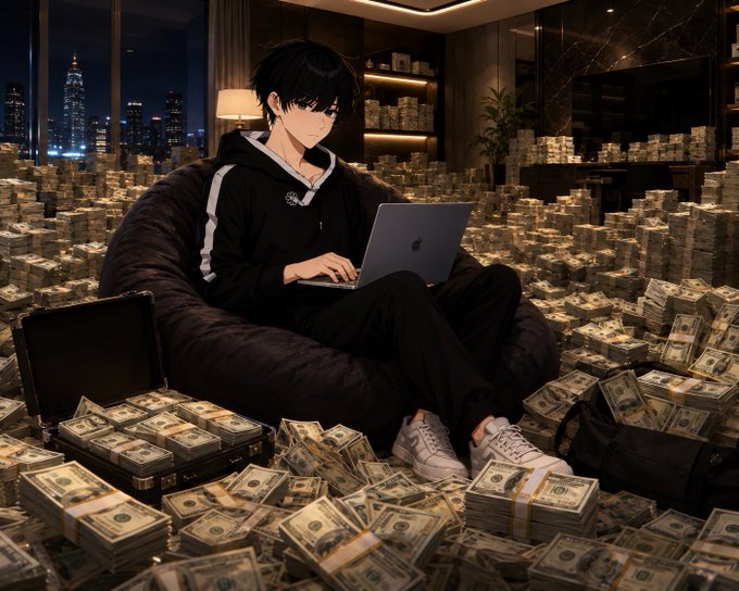 An anime-style illustration of a young man in a black hoodie and sneakers, working on a laptop while sitting on a beanbag surrounded by massive piles of bundled cash in a luxurious room with a city skyline view.