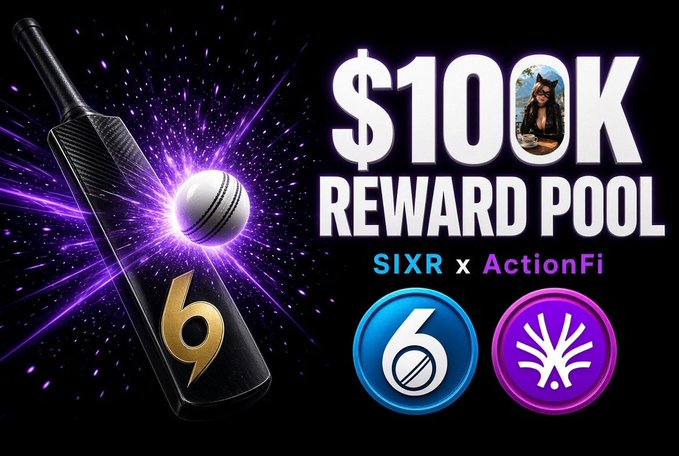 A promotional graphic for a '$100K REWARD POOL' featuring a cricket bat with a glowing ball, branded with logos for SIXR and ActionFi.
